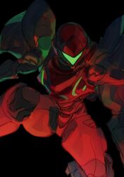 1girl arm_cannon armor black_background helmet kurebuster metroid metroid:_samus_returns nintendo pauldrons power_armor power_suit_(metroid) samus_aran shoulder_armor solo varia_suit visor_(armor) weapon