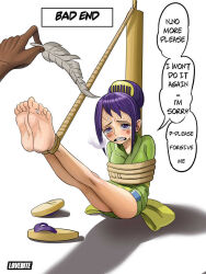 1boy 1girl age_difference arms_behind_back asymmetrical_hair bad_end bare_legs barefoot blush_stickers bound clenched_teeth dark-skinned_male dark_skin defeat english_text feathers feet_up frown furrowed_brow green_kimono hair_bun half-closed_eyes hetero holding holding_feather japanese_clothes kimono kurozumi_tama legs_together lovebite matching_hair/eyes one_piece out_of_frame purple_eyes purple_hair sandals short_hair short_kimono simple_background single_feather sitting soles solo speech_bubble tareme tearing_up teeth tickle_torture tickling toes unworn_sandals white_background