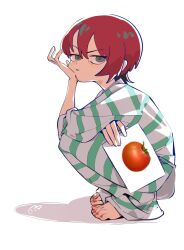 1girl amate_yuzuriha barefoot commentary english_commentary full_body grey_eyes gundam gundam_gquuuuuux hand_on_own_cheek hand_on_own_face highres jitome looking_at_viewer nail_polish pants prison_clothes red_hair red_nails shirt short_hair simple_background solo squatting striped_clothes striped_pants striped_shirt toenail_polish toenails toes tomato v-shaped_eyebrows v.a._(vanilla) white_background