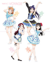 4girls 5girls ahoge aqua_eyes arms_up artbook bare_legs black_hair black_ribbon blue_dress dress flower full_body hair_flower hair_ornament hands_up highres kurosawa_dia long_hair looking_at_viewer love_live! love_live!_sunshine!! matsuura_kanan mole mole_under_mouth multiple_girls non-web_source official_alternate_costume official_art one_eye_closed open_mouth orange_hair ponytail purple_eyes purple_hair red_eyes red_hair ribbon sakurauchi_riko short_hair smile standing takami_chika water_blue_new_world yellow_eyes