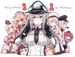 6+girls anniversary atlanta_(kancolle) beret black_gloves black_hat blonde_hair breasts brown_hair burger capelet closed_eyes closed_mouth commentary confetti copyright_name cross crossed_legs crown cup disposable_cup dress food gangut_(kancolle) glasses gloves graf_zeppelin_(kancolle) grey_hair hair_between_eyes hat headgear highres holding holding_cup ido_(teketeke) index_finger_raised iowa_(kancolle) iron_cross kantai_collection large_breasts littorio_(kancolle) long_hair long_sleeves looking_at_viewer military_uniform mini_crown mole mole_under_eye mouth_hold multiple_girls necktie one_eye_closed peaked_cap pipe_in_mouth richelieu_(kancolle) roma_(kancolle) sidelocks smile smoking_pipe star-shaped_pupils star_(symbol) symbol-only_commentary symbol-shaped_pupils v v_over_eye warspite_(kancolle) white_hat