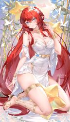 1girl bare_shoulders blue_eyes breasts chinese_commentary cleavage closed_mouth commentary_request dress feet flower full_body gladiator_sandals hair_flower hair_ornament hand_up highres honkai:_star_rail honkai_(series) jewelry kneeling large_breasts legs long_hair looking_at_viewer melailai pointy_ears red_hair sandals signature smile solo thighlet thighs toenails toes tribios_(honkai:_star_rail) very_long_hair white_dress white_flower
