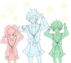 Rule 34 | 2boys, androgynous, anya alstreim, blonde hair, brown hair, code geass, cosplay, crossdressing, gino weinberg, green eyes, hare hare yukai, kururugi suzaku, lowres, multiple boys, parody, style parody, suzumiya haruhi no yuuutsu, trap