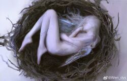 1girl absurdres bird_wings blonde_hair chinese_commentary closed_mouth commentary_request completely_nude cracked_skin crossed_arms feathered_wings from_above full_body hand_on_own_cheek hand_on_own_face highres lips long_hair lying nest nude on_side original realistic shadow sleeping solo watermark wavy_hair weibo_watermark wendys008 white_background white_wings wings