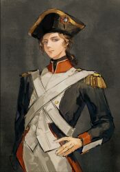 1boy axis_powers_hetalia bicorne blonde_hair blue_eyes epaulettes france_(hetalia) grey_background hand_on_own_hip hat high_collar highres jacket lixiaogugu long_sleeves looking_at_viewer male_focus military military_jacket military_uniform ponytail sash simple_background solo upper_body wavy_hair