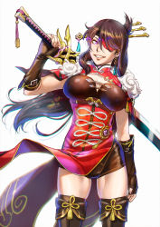 1girl azasuke beidou_(genshin_impact) boots breasts brown_boots brown_gloves brown_hair brown_shorts cowboy_shot eye_trail eyepatch fingerless_gloves folded_ponytail genshin_impact gloves grin hair_ornament hair_stick highres large_breasts light_trail looking_at_viewer one_eye_covered pelvic_curtain purple_eyes short_shorts shorts simple_background skindentation smile solo standing tassel thigh_boots thighhighs white_background