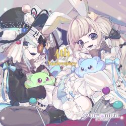 Rule 34 | 1boy, 1girl, :d, animal ears, anniversary, black eyes, black hair, black shoes, blonde hair, braid, commentary request, fake animal ears, grey pants, grey thighhighs, highres, holding, holding stuffed toy, logo, long sleeves, looking at viewer, official art, open mouth, pants, pin, purenista, rabbit ears, ringed eyes, sewing pin, shoes, single thighhigh, sleeves past fingers, sleeves past wrists, smile, striped clothes, striped thighhighs, stuffed toy, teeth, thighhighs, translation request, upper teeth only
