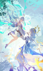 1boy 1girl absurdres black_gloves blue_hair brother_and_sister dress earrings feathered_wings gloves halo halo_behind_head head_wings high_heels highres honkai:_star_rail honkai_(series) jewelry jiuhuaya long_hair robin_(honkai:_star_rail) siblings smile sunday_(honkai:_star_rail) watermark white_gloves white_wings wings