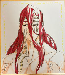 1boy absurdres black_sclera cheek_tattoo chest_tattoo closed_mouth colored_sclera facial_tattoo forehead_tattoo gold_tattoo hair_between_eyes half-closed_eyes highres long_hair looking_to_the_side male_focus nanako_nuchitsu neck_tattoo pectorals red_hair shirtless_male shuumatsu_no_valkyrie sideways_glance smile tattoo thor_(shuumatsu_no_valkyrie) upper_body veins veiny_arms very_long_hair white_background yellow_eyes