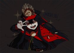 Rule 34 | 1girl, black hair, cape, fate/grand order, fate (series), gloves, hat, kuzudon, military hat, military uniform, oda nobunaga (fate), oda nobunaga (koha-ace), one eye closed, open mouth, red cape, red eyes, smile, upper body, v