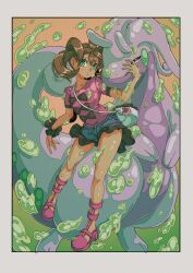 1girl bag blue_shorts boots border brown_hair dark-skinned_female dark_skin full_body gen_6_pokemon goodra green_eyes hair_between_eyes highres looking_at_viewer nintendo onamuzi_illust parted_lips pink_boots pink_shirt pokemon pokemon_(creature) pokemon_xy shauna_(pokemon) shirt short_shorts short_sleeves shorts shoulder_bag slime_(substance) white_bag white_border