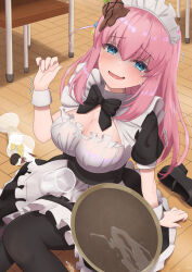 1girl absurdres apron black_bow black_bowtie black_pantyhose blue_eyes blush bocchi_the_rock! bow bowtie breasts chair cleavage clumsy cube_hair_ornament cup fallen_down food food_on_head frills gotoh_hitori hair_ornament hand_up highres ice_cream komugirakko large_breasts long_hair looking_at_viewer maid maid_apron maid_headdress object_on_head on_floor pantyhose parfait pink_hair puffy_short_sleeves puffy_sleeves raised_eyebrows shoes short_sleeves side_ahoge single_shoe sitting solo spill tears tray wrist_cuffs