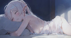 1girl armpit_crease breasts closed_eyes commentary_request drooling earrings elf frieren grey_hair hugging_object jewelry kurono_mitsuki long_hair lying nightgown on_bed on_stomach pillow pillow_hug pointy_ears sideboob sleeping small_breasts solo sousou_no_frieren twintails white_nightgown