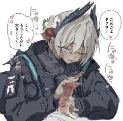 1boy 1girl ;d ammunition_pouch arknights bird_girl black_feathers black_jacket black_shirt black_undershirt blush bulletproof_vest censored commentary_request dark-skinned_female dark_skin doctor_(arknights) double-parted_bangs erection feather_hair feathers fingernails flower glansjob grey_hair hair_between_eyes hair_flower hair_ornament handjob heart hetero highres jacket long_sleeves looking_at_viewer male_doctor_(arknights) mosaic_censoring na_tarapisu153 nail_polish one_eye_closed open_mouth paid_reward_available penis pink_nails pixie_cut pouch pov pov_crotch precum precum_string raidian_(arknights) red_flower rhodes_island_logo_(arknights) shirt short_hair simple_background smile sound_effects speech_bubble spoken_heart tactical_clothes translation_request turtleneck turtleneck_shirt two-handed_handjob very_short_hair white_background