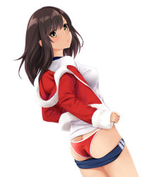 Rule 34 | 1girl, blue buruma, blue panties, brown hair, buruma, buruma pull, butt crack, clothes pull, commentary request, dutch angle, from behind, gym uniform, jacket, long sleeves, medium hair, nonaka ritsu, original, panties, red jacket, santa costume, short sleeves, simple background, solo, thighs, underwear, white background, yellow eyes