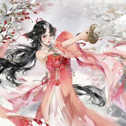 1girl asian bare_shoulders berry bird_hair_ornament black_eyes black_hair bow character_request cherry_blossoms chinese_clothes cloud cloudy_sky detached_sleeves determined double_bun dress eyelashes eyeshadow feet_out_of_frame fighting_stance floating_hair flower furrowed_brow hair_bun hair_ornament holding holding_sword holding_weapon hua_yu_jian layered_dress layered_sleeves lipstick long_dress long_hair long_sleeves looking_ahead makeup outdoors parted_bangs parted_lips pink_bow pink_dress pink_eyeshadow pink_flower pink_lips realistic sky snow snowing solo strapless strapless_dress sword thick_eyebrows very_long_hair weapon white_dress white_sleeves wide_sleeves wind winter ye_dian_pikaqiu