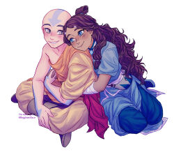 1boy 1girl aang arrow_(symbol) avatar:_the_last_airbender avatar_legends bald blue_eyes brown_hair byghostface couple forehead_tattoo head_tattoo highres hug hug_from_behind interlocked_fingers katara long_hair looking_at_another monk slit_pupils vertical_pupils very_long_hair