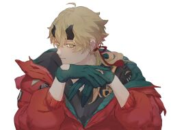 Rule 34 | 1boy, ahoge, aji 11300913, alternate costume, black gloves, black shirt, blonde hair, bright pupils, closed mouth, commentary request, earrings, fake horns, genshin impact, gloves, green eyes, hair between eyes, highres, horns, jacket, jewelry, long hair, looking at viewer, male focus, necklace, open clothes, open jacket, ponytail, red jacket, rope, shirt, simple background, smile, solo, stud earrings, thoma (genshin impact), upper body, white background, white pupils