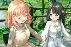 2girls :d ^_^ alternate_costume artist_name black_hair breasts casual cerise_bouquet closed_eyes collared_shirt commentary_request dress flower flower_knot full_body green_eyes green_ribbon grey_sweater hair_flower hair_ornament hanazora_satsuki hinoshita_kaho holding_hands large_breasts link!_like!_love_live! long_sleeves looking_at_another love_live! medium_dress momose_ginko multiple_girls neck_ribbon nervous_smile open_mouth orange_hair outdoors photo_background pinafore_dress pulling rabbit_hair_ornament raised_inner_eyebrows ribbed_sweater ribbon shirt signature sleeveless sleeveless_dress smile socks sweater two_side_up virtual_youtuber walking white_flower white_shirt yellow_dress