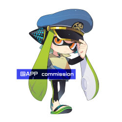 1girl :&lt; adjusting_clothes adjusting_headwear agent_3_(splatoon) behind-the-head_headphones black_leggings black_sandals blue_hat captain_3_(splatoon) chinese_commentary closed_mouth commentary_request commission deformed full_body green_hair grey_shirt hand_on_headwear hat headphones highres ichijip_app inkling layered_sleeves leggings long_hair long_sleeves looking_at_viewer nintendo orange_eyes peaked_cap sandals shirt short_over_long_sleeves short_sleeves solo splatoon_(series) splatoon_3 standing tentacle_hair torn_clothes torn_leggings twintails very_long_hair white_background