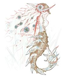 1girl blue_eyes body_markings colored_skin commentary english_commentary fins full_body highres horns long_hair looking_to_the_side mermaid monster_girl original red_pupils seahorse_girl senmaze simple_background solo very_long_hair wavy_hair white_background white_hair white_skin