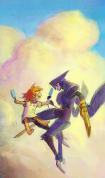 Rule 34 | 1boy, 1girl, asagi marin, brigadoon, brown hair, closed mouth, cloud, cumulonimbus cloud, dress, floating, food, from side, full body, holding, holding food, holding popsicle, melan blue, open mouth, outdoors, popsicle, red eyes, robot boy, sharing food, short hair, sky, white dress, yuza