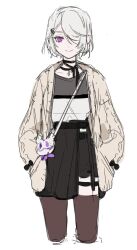 Rule 34 | 1girl, bag, black dress, black thighhighs, cowboy shot, dress, hair ornament, hair over one eye, hairclip, hands in pockets, jacket, looking at viewer, neck ribbon, original, pink eyes, ribbon, shoulder bag, smile, thighhighs, two-tone dress, white hair, white jacket, yoimon, zettai ryouiki