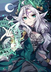 Rule 34 | 1girl, absurdres, ahoge, arm at side, blush, bracelet, breasts, bright pupils, cleavage, crescent moon, dress, forehead tattoo, green dress, green eyes, grey hair, grey sky, highres, horns, jewelry, kozakura (dictionary), large breasts, long hair, looking at viewer, macha (p&amp;d), magic, moon, night, night sky, puzzle &amp; dragons, sidelocks, sky, smile, solo, white pupils