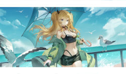 1girl absurdres artist_request bird blue_eyes breasts brown_hair cleavage curvy day fake_horns floating_hair from_behind garter_straps hair_between_eyes highleg highleg_panties highres holding holding_umbrella horns long_hair looking_at_viewer miniskirt navel neon_genesis_evangelion ocean panties skirt sky souryuu_asuka_langley swallow_(bird) thong umbrella underwear water