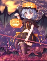 1girl bat_(animal) black_shirt black_skirt black_thighhighs blue_hair capelet commentary_request demon_wings fang female_focus flying full_body fur_trim hair_between_eyes halloween jack-o&#039;-lantern jewelry meuneyu moon multicolored_legwear navel open_mouth palace pendant pointy_ears pumpkin_hat purple_shoes purple_thighhighs red_eyes remilia_scarlet shirt shoes signature skirt sleeveless smile solo sparkle staff striped_clothes striped_thighhighs thighhighs touhou winged_hat wings
