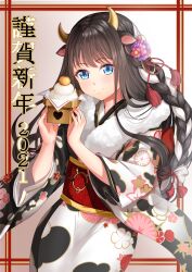 1girl 2021 absurdres animal_ears black_hair blue_eyes box braid chinese_zodiac closed_mouth commentary_request cow_ears cow_girl cow_horns floral_print floral_print_kimono flower food fruit hair_flower hair_ornament heart highres holding holding_box horns japanese_clothes kimono long_sleeves looking_at_viewer multicolored_hair new_year orange_(fruit) original pink_flower print_kimono rissenka smile solo streaked_hair tassel two-tone_hair white_hair white_kimono wide_sleeves year_of_the_ox