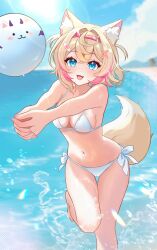 1girl :d absurdres aki_hoshino alternate_costume animal_ear_fluff animal_ears beach beach_volleyball bikini blonde_hair blue_eyes blue_sky breasts bump_(volleyball) cleavage cloud commentary crossed_bangs day dog_ears dog_girl dog_tail double-parted_bangs english_commentary hair_between_eyes hair_intakes hair_ornament hairband highres hololive hololive_english horn_hairband medium_breasts mococo_abyssgard multicolored_hair nail_polish navel open_mouth outdoors outstretched_arms own_hands_together pink_hair pink_hairband pink_nails ruffian_(fuwamoco) short_hair sky smile solo streaked_hair swimsuit tail thigh_gap two_side_up virtual_youtuber white_bikini x_hair_ornament