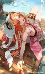 1girl absurdres alternate_costume aqua_eyes arm_support bare_shoulders barefoot bikini bracelet fake_horns genshin_impact gold_bracelet gold_thighlet highres horns imasaki_kei jewelry long_hair looking_at_viewer nilou_(genshin_impact) open_mouth outdoors red_hair sitting smile solo swimsuit twitter_username