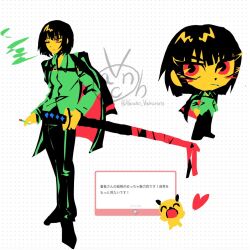 1girl black_hair black_jacket black_pants black_shoes bob_cut chibi cigarette collared_shirt full_body green_shirt holding holding_sword holding_weapon jacket jacket_on_shoulders limbus_company limited_palette long_sleeves looking_at_viewer marshmallow_(site) multiple_views pants project_moon red_eyes ryoshu_(project_moon) shirt shoes short_hair simple_background smoking solo standing sword vancho_vakurets weapon white_background