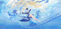 1girl atdan bare_legs barefoot blue_eyes blue_hair breasts bubble feet furina_(genshin_impact) genshin_impact highres