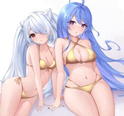 2girls :o absurdres ahoge alternate_costume arm_support azur_lane bikini blue_hair blue_nails commentary criss-cross_halter english_commentary gold_bikini grey_hair hair_intakes halterneck helena_(azur_lane) highres kiev_(azur_lane) kyl490 long_hair looking_at_viewer multiple_girls nail_polish navel o-ring o-ring_bikini o-ring_top purple_eyes red_eyes sitting stomach swept_bangs swimsuit thighs twintails very_long_hair white_background