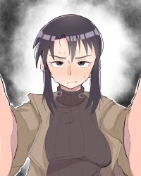 1girl absurdres annoyed azumanga_daiou black_eyes black_hair black_sweater blush breasts breath brown_coat closed_mouth coat commentary embarrassed english_commentary eyelashes foreshortening furrowed_brow gradient_background grey_background hair_between_eyes highres kurosawa_minamo large_breasts loose_hair_strand meme nose_blush open_clothes open_coat pov_cheek_warming_(meme) reaching reaching_towards_viewer ribbed_sweater short_hair_with_long_locks sidelocks solo sweat sweatdrop sweater upper_body upturned_eyes zlix0n