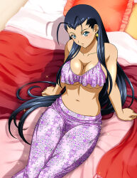 1girl alternate_costume antenna_hair bare_arms black_hair blue_eyes bra breasts cleavage collarbone earrings ikkitousen jewelry kakouen_myousai large_breasts long_hair magatama magatama_earrings midriff navel on_bed pants parted_lips pillow pink_bra pink_pants sideboob sitting solo stomach straight_hair thigh_gap underboob underwear very_long_hair