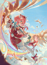 1girl absurdres aqua_eyes blue_sky brown_shoes capelet closed_mouth cloud cloudy_sky dress drill_hair falling_feathers feathers floating_hair full_body furioso hat highres holding honkai:_star_rail honkai_(series) hyacine_(honkai:_star_rail) little_ica_(honkai:_star_rail) loafers long_sleeves outdoors pantyhose pink_capelet pink_hair red_dress red_hat shoes short_twintails sky solo twin_drills twintails white_pantyhose