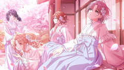 4girls asakura_toru blue_eyes cherry_blossoms idolmaster idolmaster_shiny_colors japanese_clothes kimono long_hair multiple_girls noctchill_(idolmaster) official_art open_mouth petals sitting