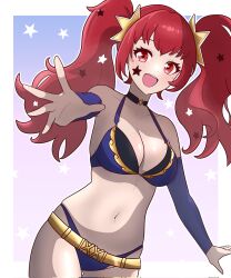 1girl :d alternate_costume alternate_hairstyle bikini blue_bikini breasts cleavage facial_mark fire_emblem fire_emblem_engage gluteal_fold hair_ornament highres long_hair looking_at_viewer medium_breasts muis0802 navel nintendo open_mouth red_eyes smile solo star_(symbol) star_facial_mark star_hair_ornament swimsuit thighs twintails yunaka_(fire_emblem)