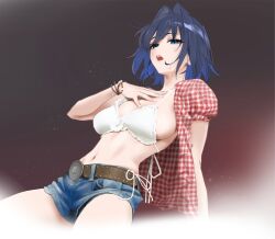 Rule 34 | 1girl, alternate costume, belt, blue eyes, blue hair, bra, bracelet, breasts, cosplay, denim, denim shorts, hair intakes, hololive, hololive english, jewelry, kwon eun-bi, kwon eun-bi (cosplay), large breasts, navel, open clothes, open mouth, open shirt, ouro kronii, plaid clothes, plaid shirt, real life, shirt, shorts, solo, underwear, virtual youtuber, white bra, yd (orange maru)