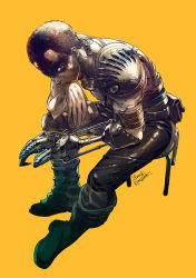 Rule 34 | 1girl, amputee, armor, blue eyes, boots, canteen, facepaint, female focus, full body, goggles, goggles around neck, highres, imperator furiosa, kozaki yuusuke, mad max, mad max: fury road, mechanical arms, pauldrons, prosthesis, prosthetic arm, short hair, shoulder armor, simple background, single mechanical arm, sitting, solo, very short hair