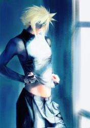 Rule 34 | 1boy, belt, blonde hair, blue eyes, clothes lift, cloud strife, commentary, earrings, english commentary, final fantasy, final fantasy vii, glowing, glowing eyes, highres, holding, jewelry, looking at viewer, male focus, shirt, shirt lift, short hair, single earring, sleeveless, sleeveless turtleneck, spiked hair, stomach, turtleneck, veins, wadanoki1st, window
