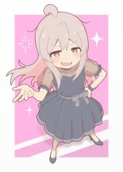 1girl :d ahoge alternate_costume bare_arms black_dress black_shoes brown_eyes commentary dress grey_hair highres legs_apart long_hair looking_at_viewer mayuzumi_fuyuko onii-chan_wa_oshimai! open_mouth oyama_mahiro pink_background rtbspecter see-through_clothes see-through_sleeves shoes short_sleeves simple_background smile smug solo sparkle standing