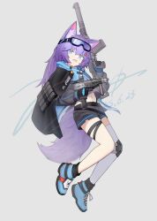 1girl absurdres ahoge ammunition_pouch animal_ear_fluff animal_ears as_val assault_rifle asymmetrical_footwear belt black_cape black_gloves black_leg_warmers black_shorts boots cape commentary_request cropped_jacket dated dual_wielding fang fox_ears fox_girl full_body gloves goggles goggles_on_head grey_background gun hair_ornament highres holding holding_gun holding_weapon jacket jerry_wang kalashnikov_rifle knee_pads leg_warmers long_hair long_sleeves magazine_(weapon) mismatched_footwear mixed-language_commentary navel open_mouth optical_sight original pouch purple-tinted_eyewear purple_boots purple_eyes purple_hair purple_jacket purple_tail rifle short_shorts shorts signature simple_background single_knee_pad single_thighhigh skin_fang solo sr-2_veresk suppressor suspender_shorts suspenders tail thigh_strap thighhighs thighs tinted_eyewear trigger_discipline vertical_foregrip weapon white_thighhighs zettai_ryouiki