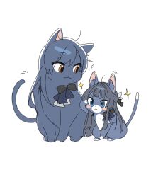 animal animal_focus animalization ap_bar black_bow black_cat black_hair blue_eyes blush_stickers bow brown_eyes cat closed_mouth idolmaster idolmaster_(classic) idolmaster_million_live! idolmaster_million_live!_theater_days kisaragi_chihaya long_hair looking_at_another mogami_shizuka multiple_girls no_humans salute simple_background sparkle white_background