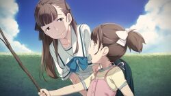2girls aged_down bad_tag bent_over black_ribbon blue_bow blue_skirt blue_sky blue_stripes blunt_bangs bow breasts brown_eyes brown_hair chest_bow child chuo_tanegashima_high_school_uniform cloud cloudy_sky collarbone cropped_shirt day dress fukuda_tomonori game_cg grey_trim hair_ribbon high-waist_skirt highres holding holding_stick leaning_forward looking_at_another medium_breasts multiple_girls official_art outdoors pinafore_dress pleated_skirt ponytail ribbon robotics;notes sailor_collar school_uniform senomiya_akiho senomiya_misaki shiny_eyes shiny_lips shirt short_sleeves short_twintails siblings sisters skirt sky sleeveless sleeveless_dress smile stick tongue twintails v_arms white_bow white_sailor_collar white_shirt yellow_shirt