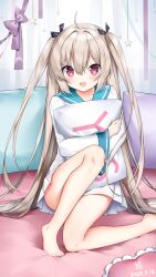 1girl 2023 :d ahoge atri atri-my_dear_moments- bare_legs barefoot black_bow blue_sailor_collar blush bow chinese_commentary commentary_request convenient_leg dated dress eyelashes eyes_visible_through_hair foot_out_of_frame hair_between_eyes hair_bow hair_spread_out happy hugging_object indoors knee_up light_brown_hair long_hair long_sleeves looking_at_viewer on_bed open_mouth pillow pillow_hug purple_bow red_eyes sailor_collar sailor_dress short_dress signature sitting smile solo star_(symbol) two_side_up very_long_hair white_dress wide_sleeves yes-no_pillow zhao_(pixiv12947327)
