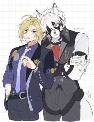 2boys ahoge animal_ears arm_out_of_sleeve bicep_strap black_pants blonde_hair body_fur checkered_background closed_eyes coin collared_vest crossed_arms furry furry_male furry_with_non-furry gold_ring gradient_necktie grey_pants grey_vest heterochromia highres holding holding_coin hugo_vlad interspecies jacket jewelry lapel_pin lapels long_sleeves mole mole_under_eye multiple_boys multiple_rings muzzle_(mask) necktie notched_lapels nuzzle pants peaked_lapels purple_necktie purple_shirt ring shirt simple_background sleeve_rolled_up striped_clothes tail tail_wagging tamayura_(tmyr_0) vertical-striped_clothes vest von_lycaon white_fur white_hair white_necktie wolf_boy wolf_ears wolf_tail zenless_zone_zero